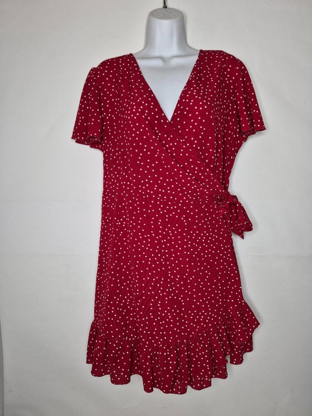 Relipop Womens XL Red White Polka Dot Ruffle Flutter Short Sleeve Wrap Dress - Picture 3 of 15